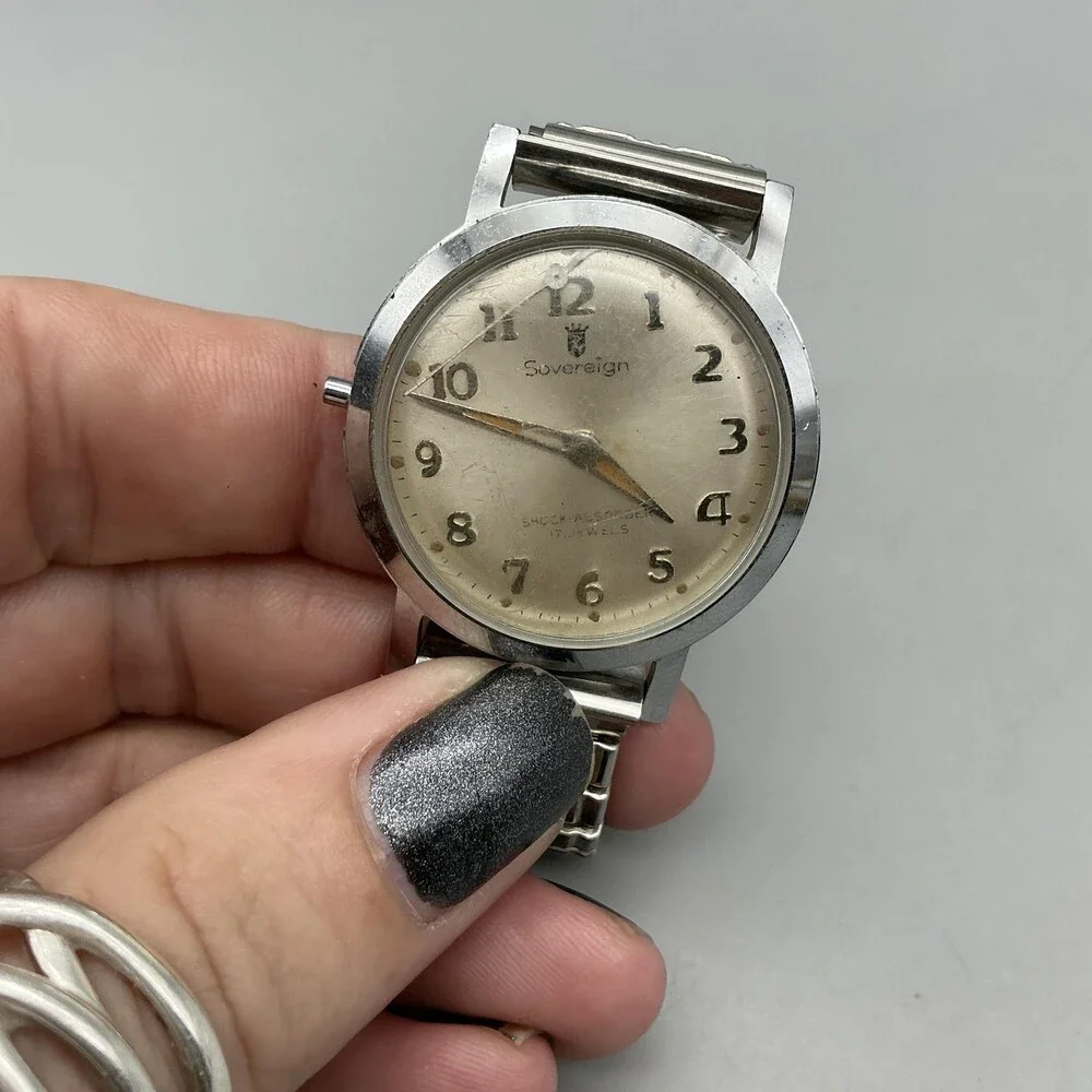 Vintage Sovereign Mens Watch 34mm Cream Dial Manual NON WORKING Wind For Parts